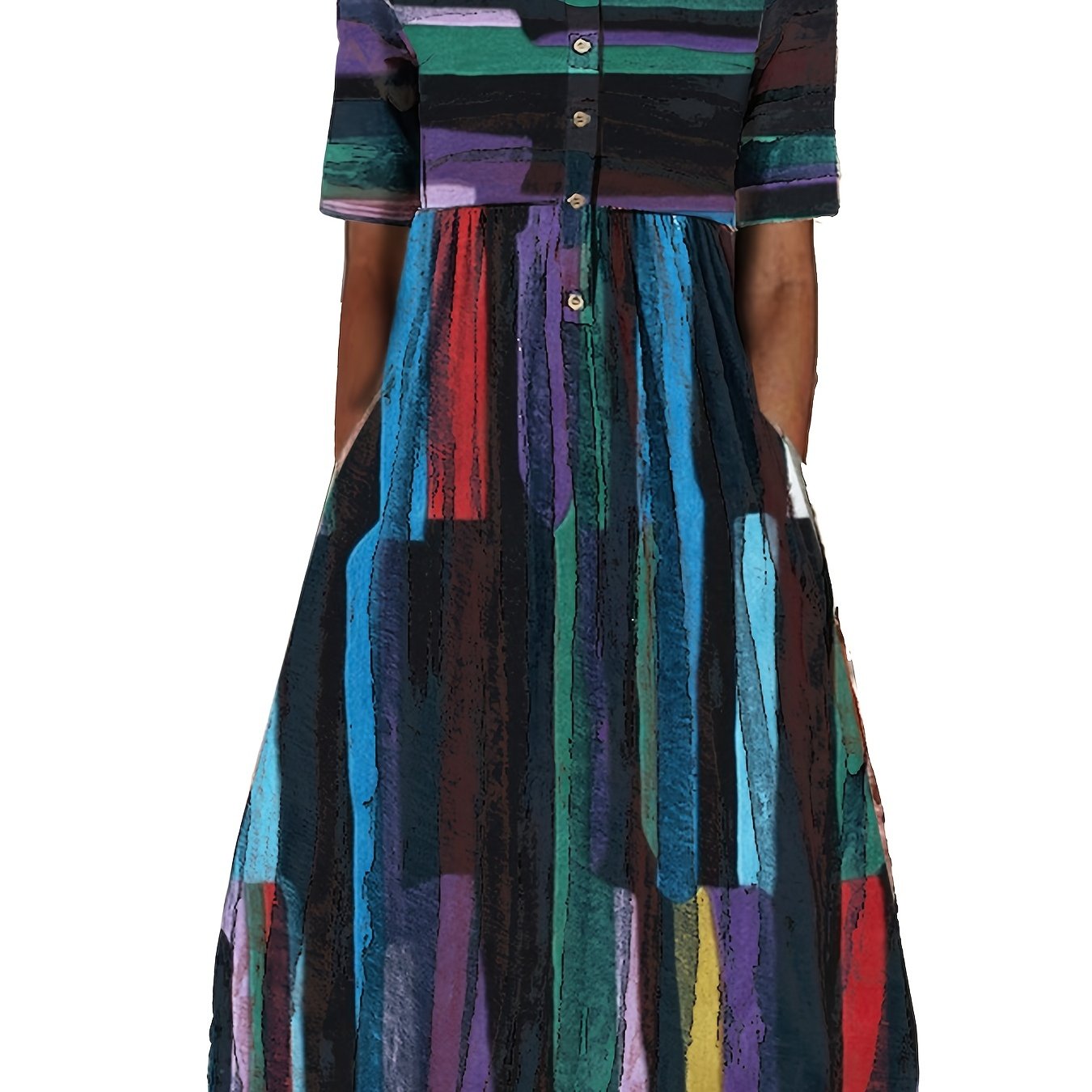 Button Decor Dress Short Sleeve Crew Neck Dress