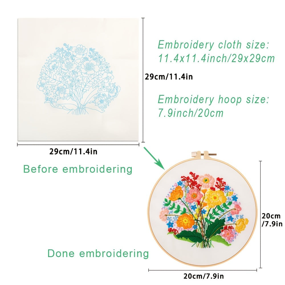 3pcs Embroidery Kit Flower Bouquet Pattern with Hoop 7 9 Inch DIY Gift