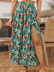 Floral Print Side Split Skirt Boho High Waist Pleated Skirt