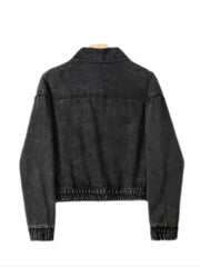Elastic Band Washed Cropped Denim Jacket