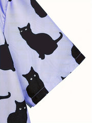 Men's Casual Cat Pattern Button Up Lapel Short Sleeve Shirt