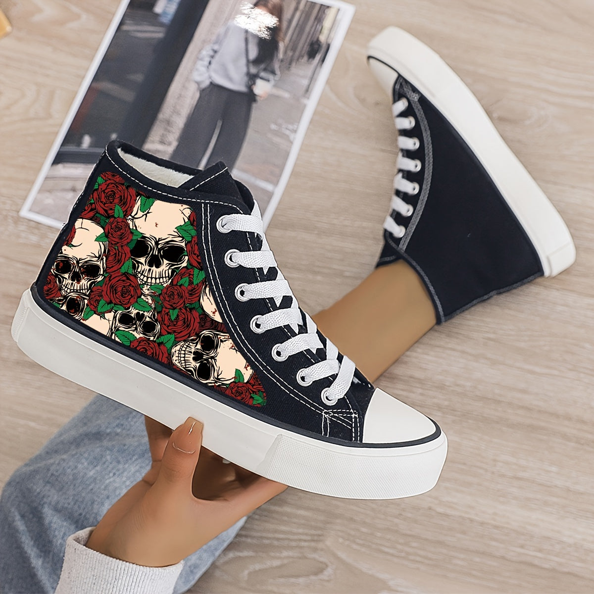 Skull & Rose Print Plush Lined Thermal Chunky Canvas Sneakers