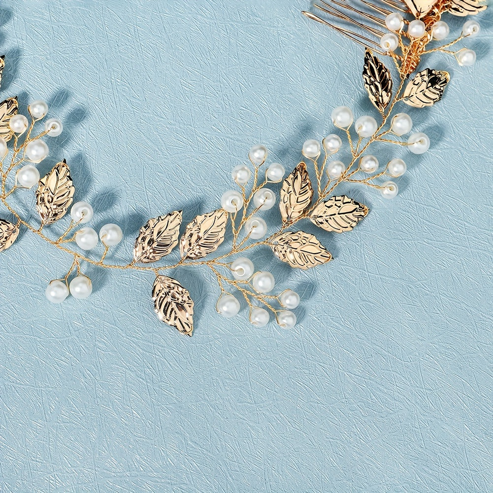 Faux Pearl & Leaf Hair Comb Bridal Wedding Headwear