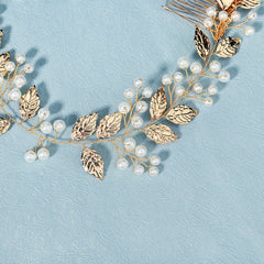 Faux Pearl & Leaf Hair Comb Bridal Wedding Headwear