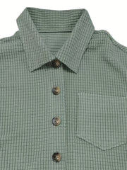 Solid Waffle Pattern Button Up Long Sleeve Shacket
