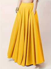 Solid Elastic High Rise Maxi Skirt With Pockets