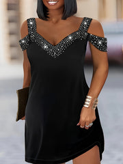 Rhinestone Print Cold Shoulder V Neck Mini Dress