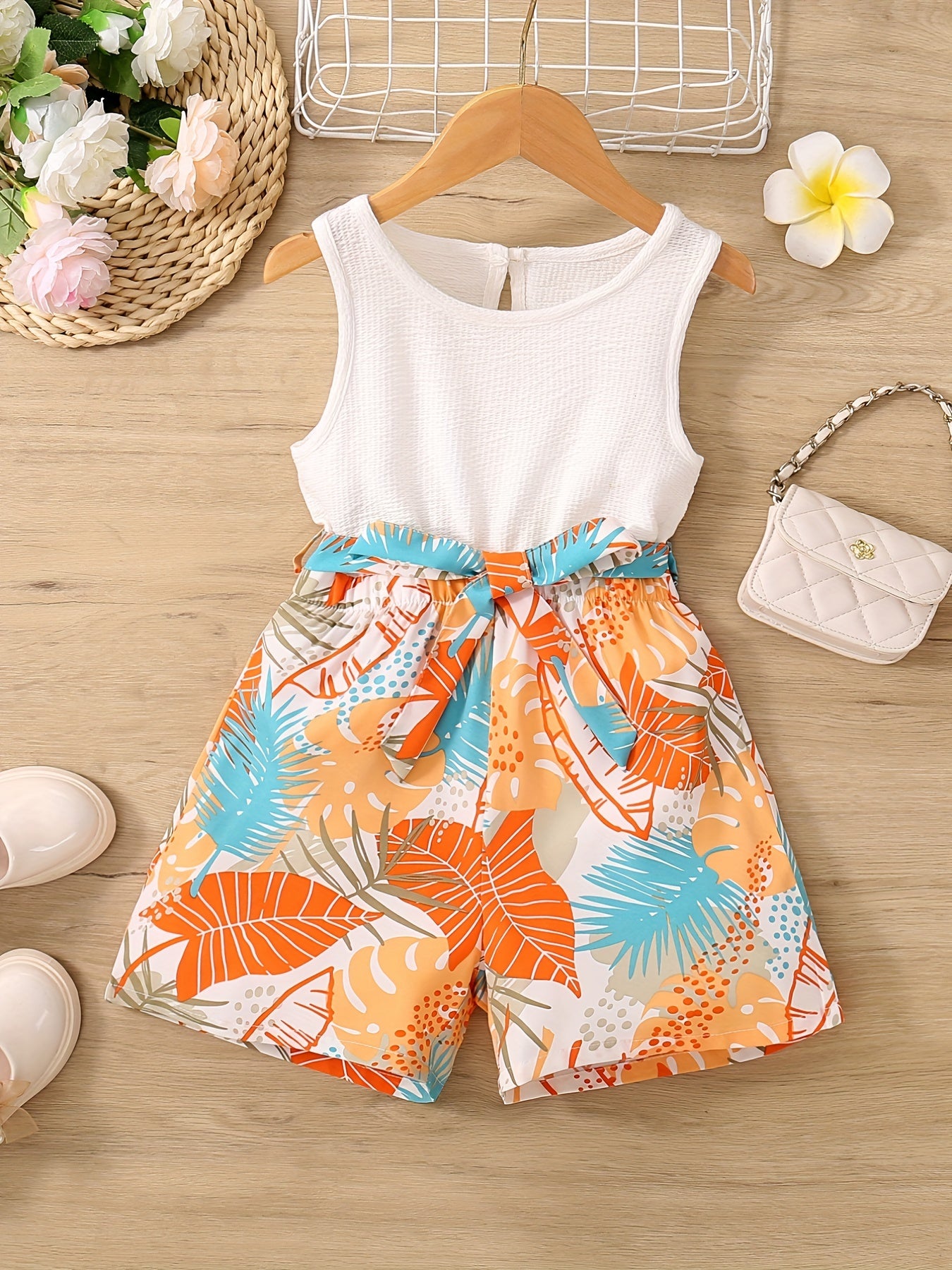 Girls Plants Sleeveless Rompers Jumpsuits For Beach Vacation