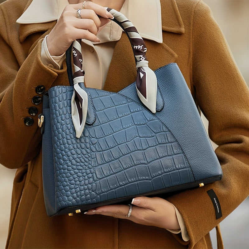 Crocodile Pattern Leather Tote Bag with Scarf Handle