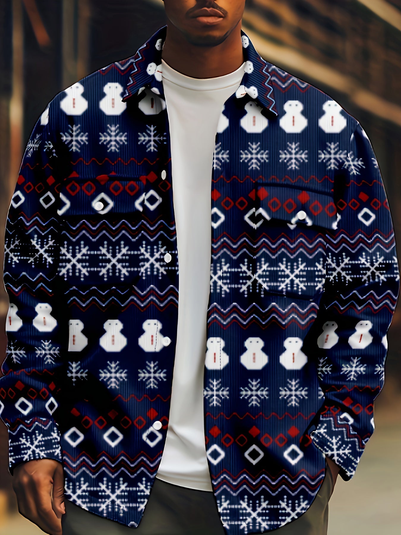 Men's Snowman Print Button Up Long Sleeve Shirt