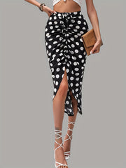 Polka Dot Print Casual Ruched Drawstring Bag Hip Skirt