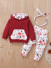 Girls Casual Floral Print Outfit Hoodie & Pants & Headwear Set