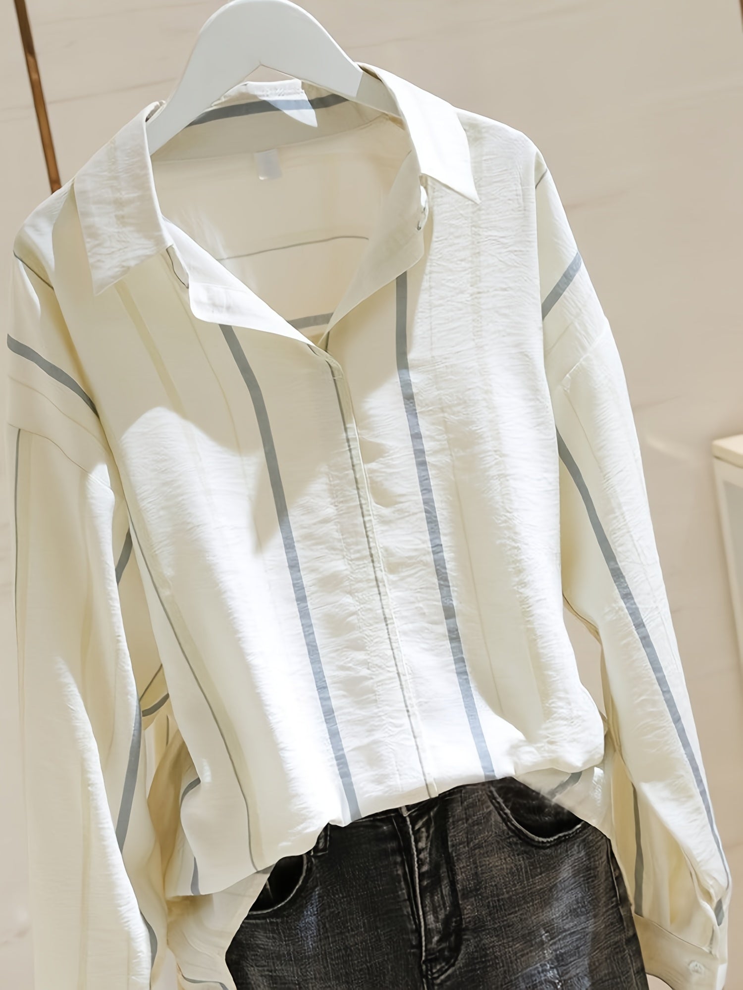 Striped Lapel Long Sleeve Shirt Casual Loose Top