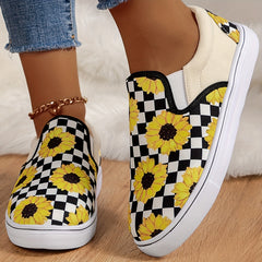 Sunflower & Plaid Pattern Walking Shoes Low Top Travel Sport Flat Shoes Women's