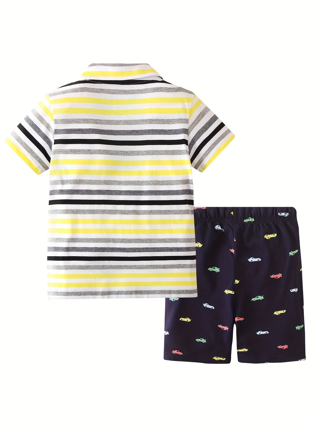 Cartoon Car Shorts & Striped T Shirt Set For Kids Breathable Cotton