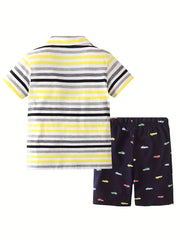 Cartoon Car Shorts & Striped T Shirt Set For Kids Breathable Cotton