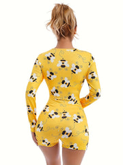 Bee Print Lounge Romper Long Sleeve V Neck Buttons Romper Women's Loungewear