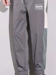 Men's Patchwork Cropped Pants Elastic Waist Drawstring Sports Pants