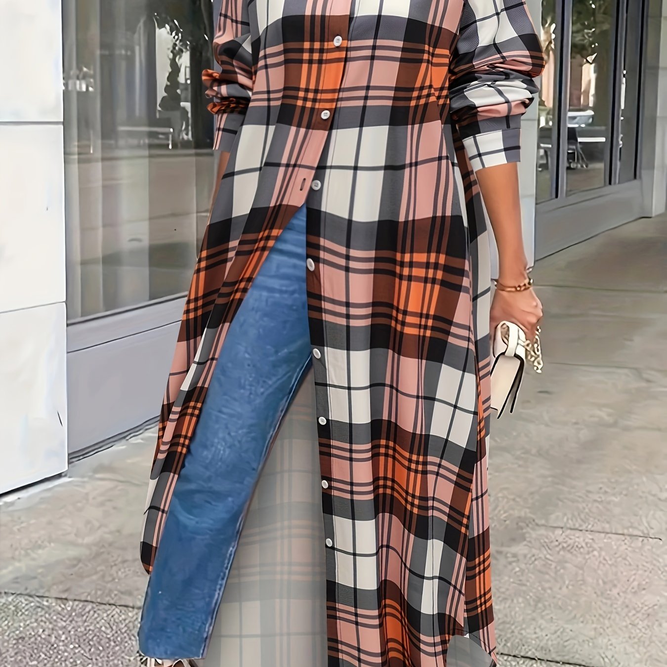 Plaid Print Long Sleeve Button Up Shirt Dress