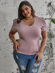 Solid Ribbed Puff Sleeve V Neck Knit Top