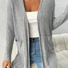 Women's Ribbed Long Sleeve Cardigan With Pockets
