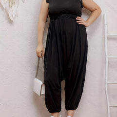 Casual Jumpsuit Women's Plus Solid Round Neck Tie Shoulder