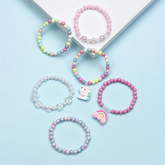 6pcs Unicorn Rainbow Pendant Beaded Bangle Bracelet Set Kids Accessories