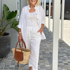 Solid Matching Two piece Set Long Sleeve Shirt & Casual Pants