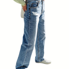 Ripped High Rise Loose Fit Straight Leg Jeans