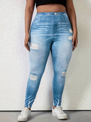 Denim Print Ripped Pants Casual Slim Pants