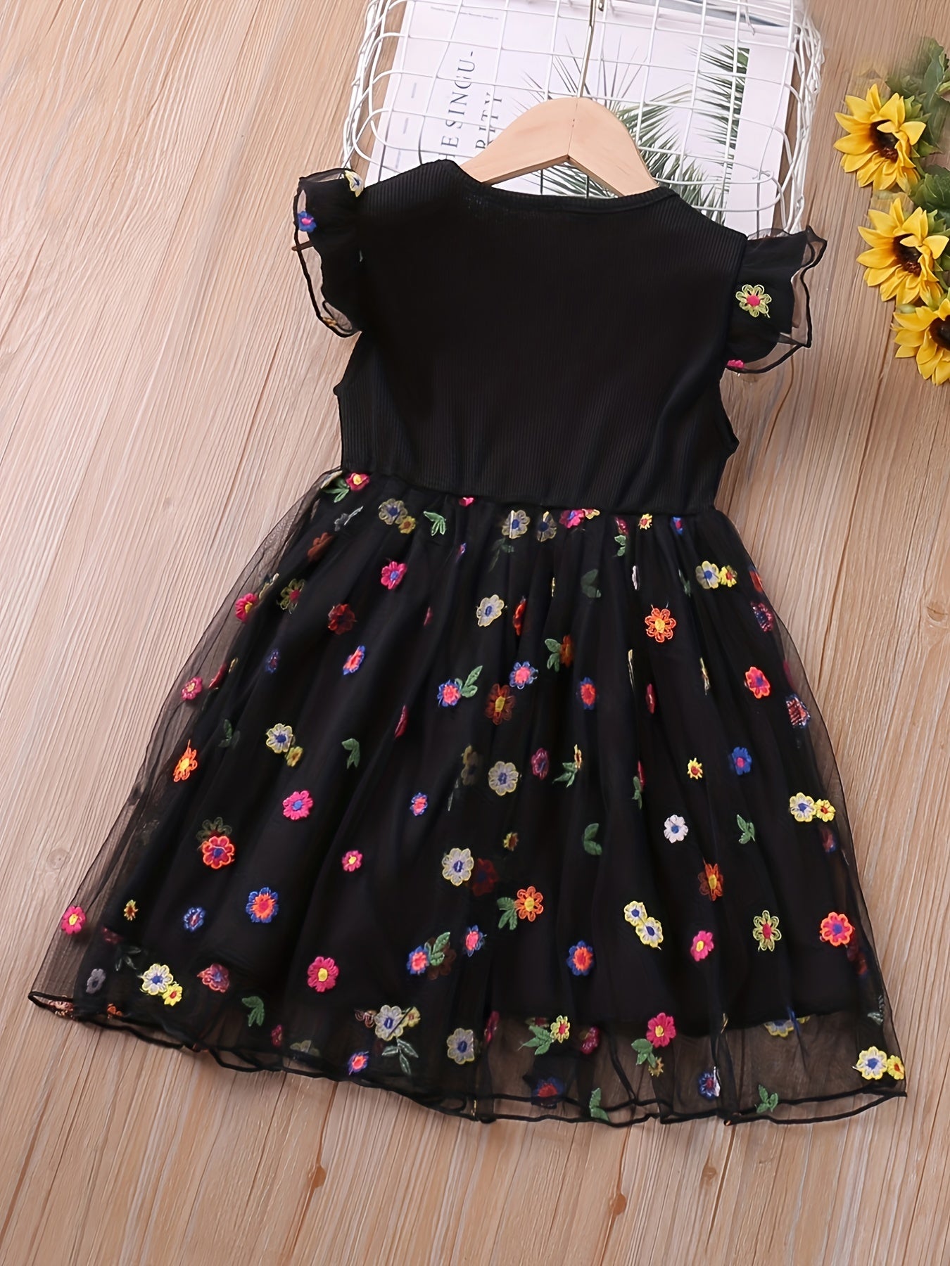 Toddler Girls Mesh Ruffled Sleeves Colorful Flowers Embroidery Splicing Princess