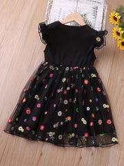Toddler Girls Mesh Ruffled Sleeves Colorful Flowers Embroidery Splicing Princess