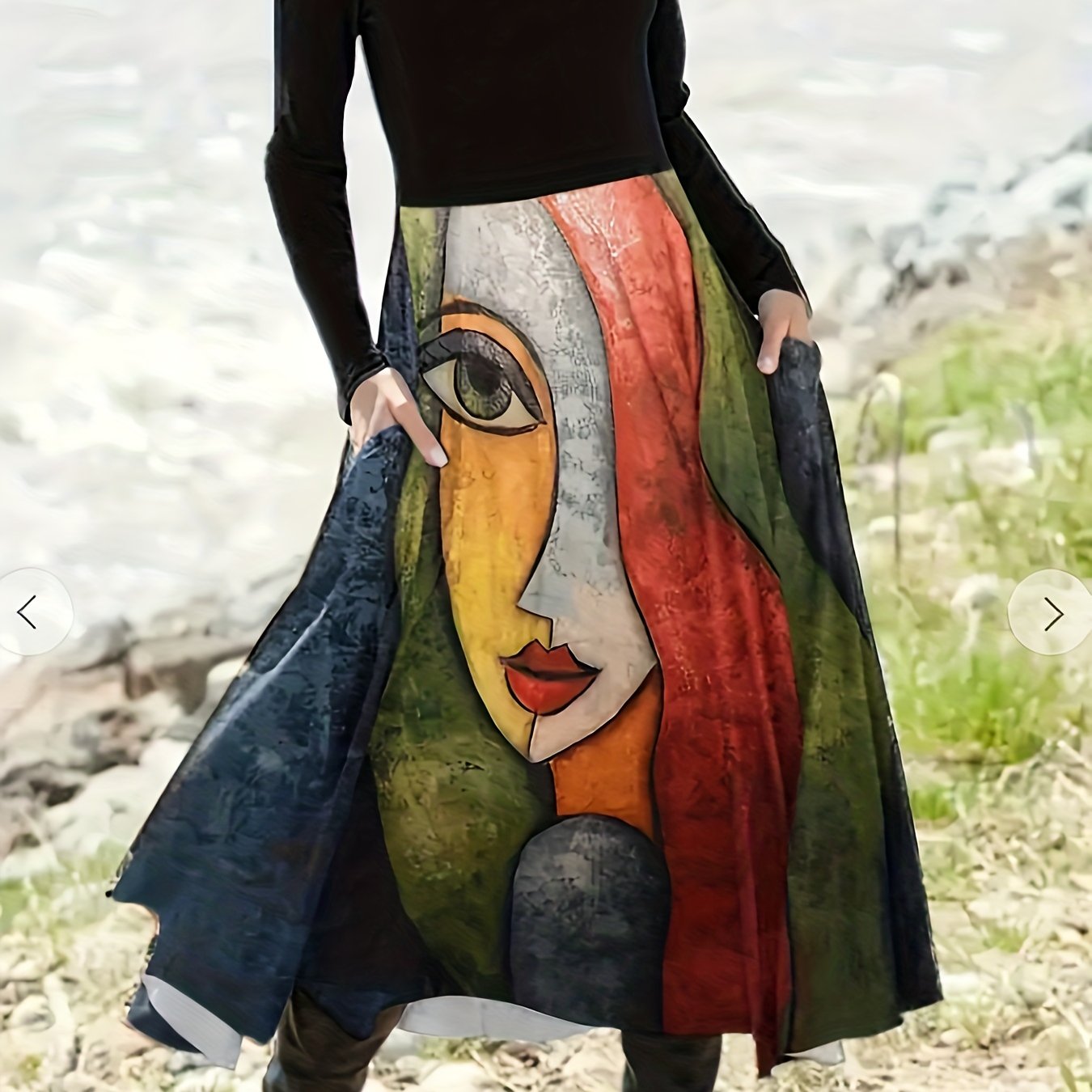 Colorblock Abstract Print Round Neck Dress with Belt