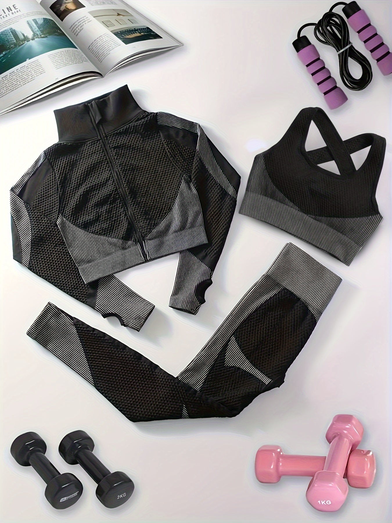 3pcs Block Yoga Workout Set Long Sleeve Jacket & Sports Bra & Leggings
