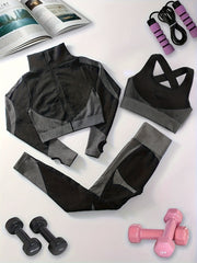3pcs Block Yoga Workout Set Long Sleeve Jacket & Sports Bra & Leggings