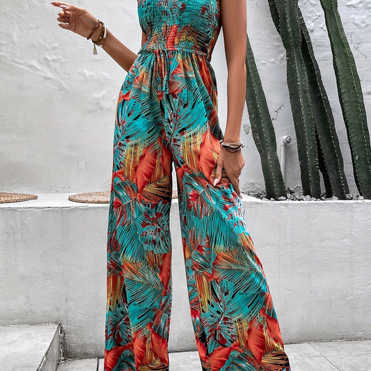 Tropical Print Strapless Jumpsuit for Women