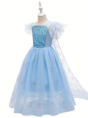 Girls Sequin Snowflake Princess Dress Sleeveless Ruffle Mesh Cape