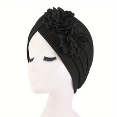 Double Flower Ruffles Turban Cap Solid Pleated Bonnet Head Wrap