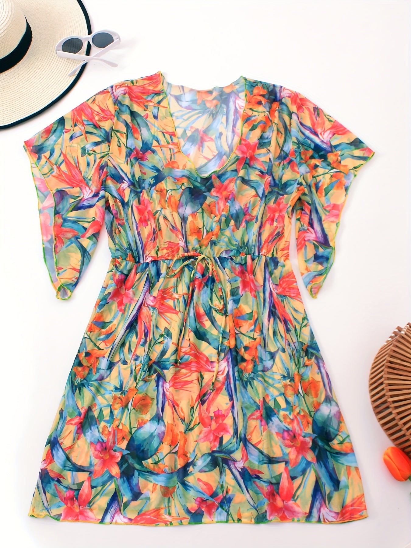 Floral Print V Neck Cover Ups Plus Size