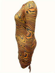 Abstract Stripe Print Side Tie Ruched Bodycon Midi Dress