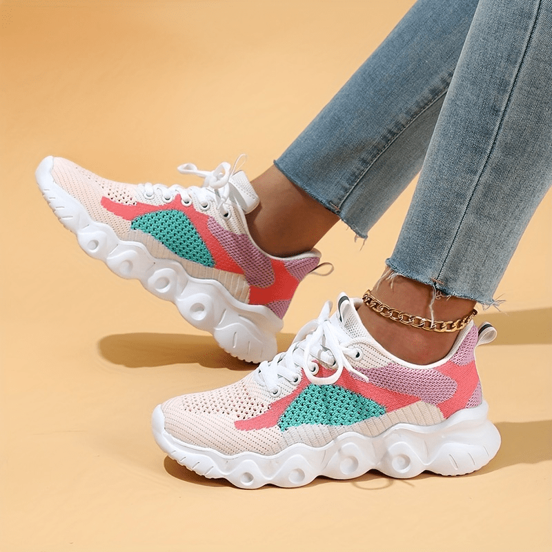 Women's Colorblock Sneakers Breathable Casual Lace Up Lightweight Running Shoes