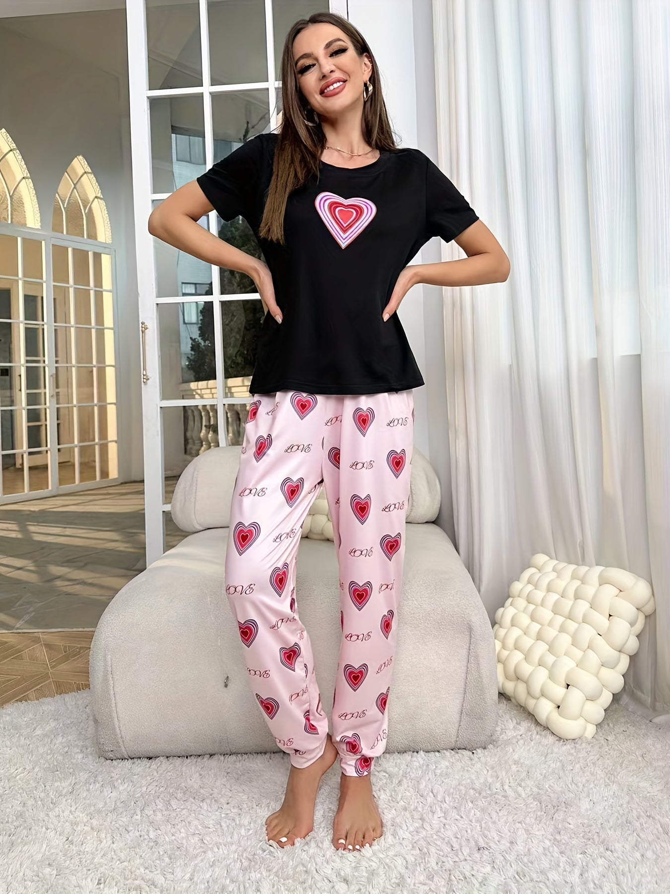 Heart Print Pajama Set Short Sleeve Crew Neck Top & Elastic Waistband Pants