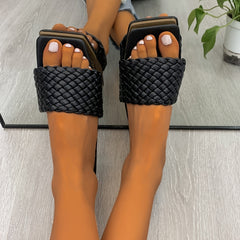Women's Braided Flat Slides Solid Square Open Toe Non Slip Slides Shoes