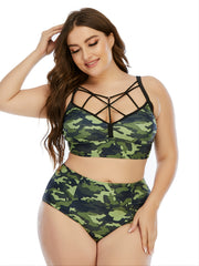 Camo Criss Cross Bikini Set Women's Plus High Waist Push Up Swimsuit