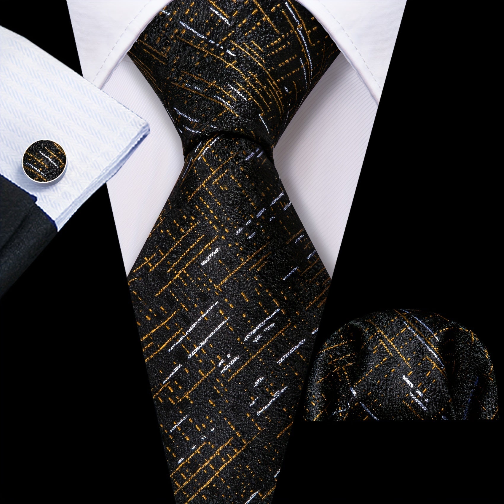 Barry Wang Silk Ties Set Classic Striped Plaid Necktie Pocket Square Cufflinks