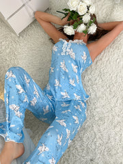 Moon Print Pajama Set V Neck Cami Top & Elastic Waistband Pants