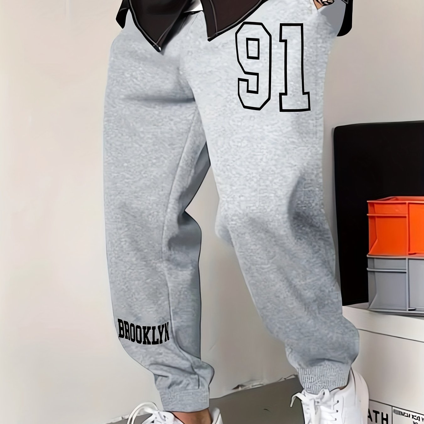 91 Number Print Drawstring Sweatpants Loose Fit Pants