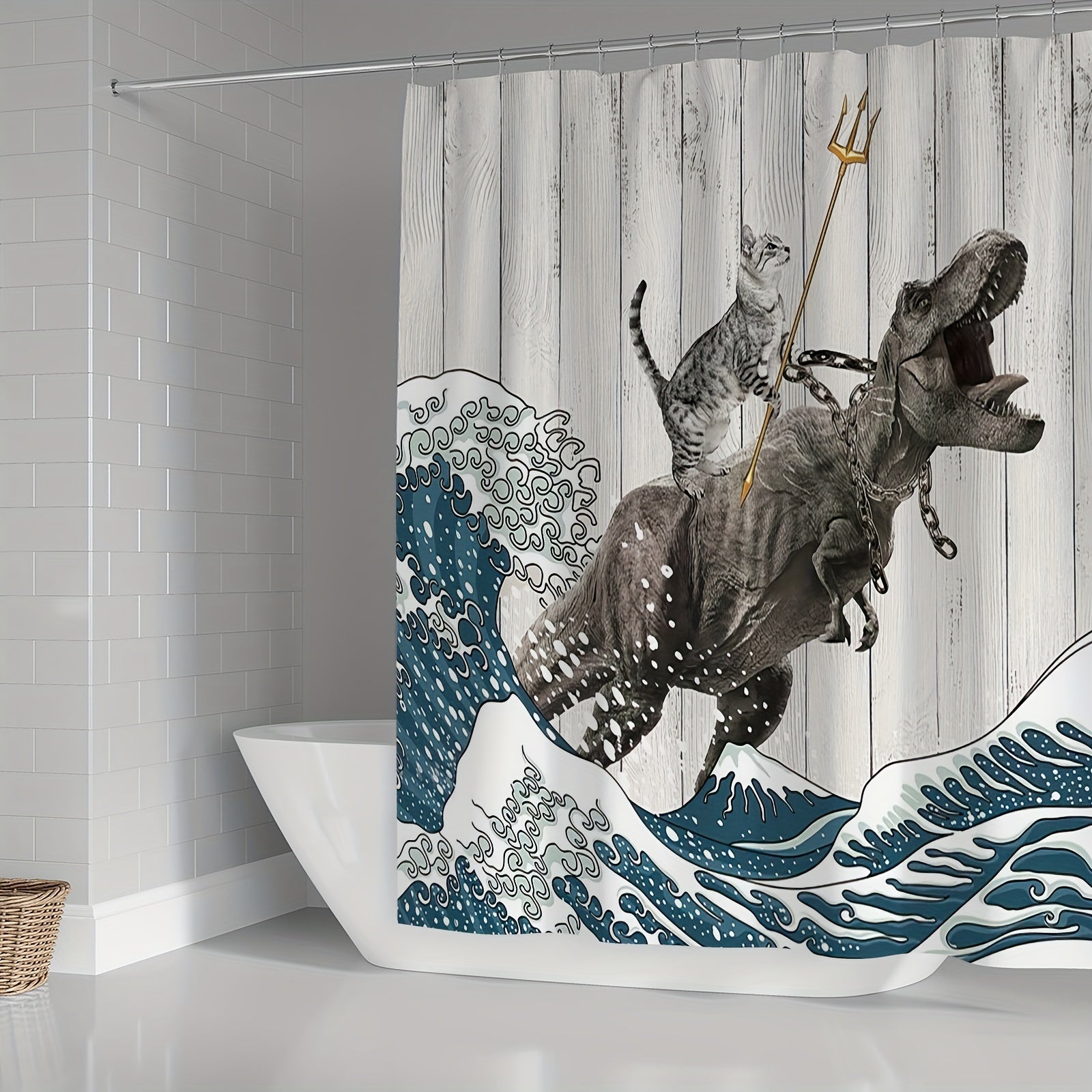 Cat Dinosaur Shower Curtain Set + Bath Mat + 12 Hooks - 71x71