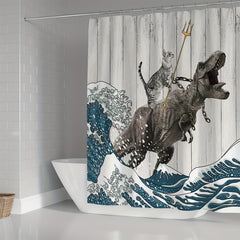 Cat Dinosaur Shower Curtain Set + Bath Mat + 12 Hooks - 71x71