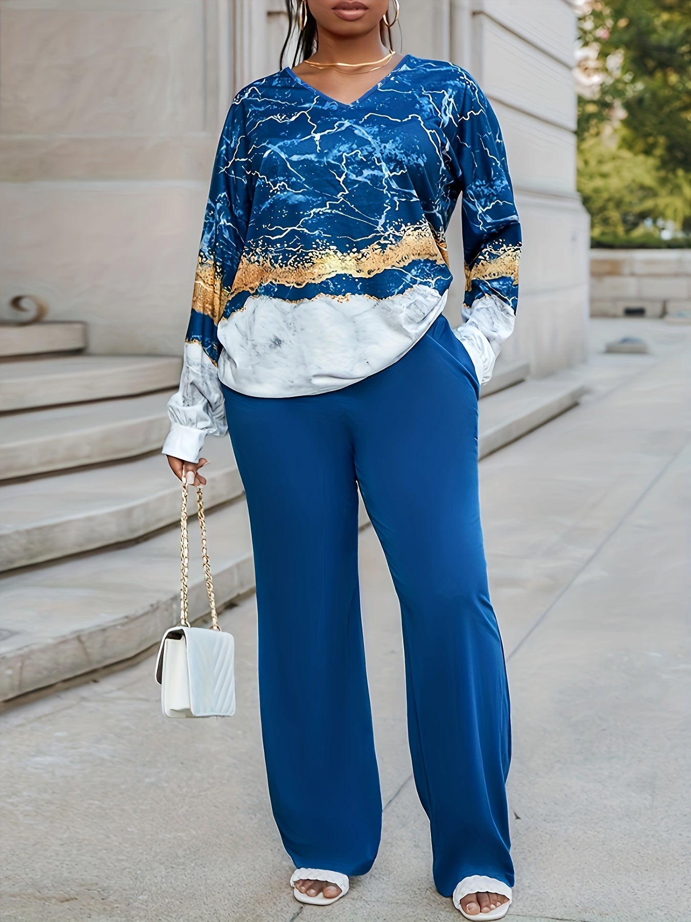 Plus Glitter Marble Print Top & High Rise Pants Outfits 2 Piece Set